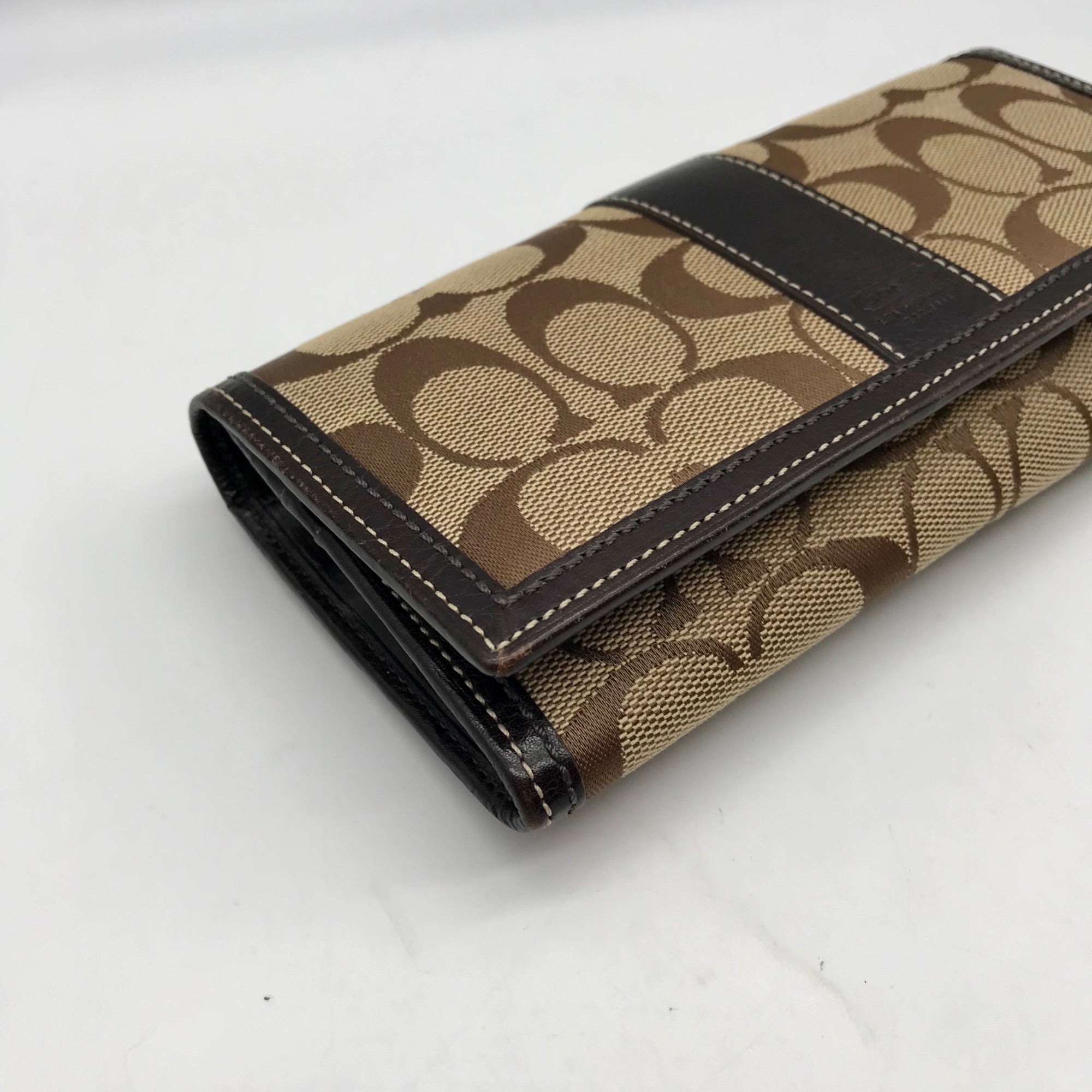 Coach Brown Canvas And Leather Monogram Trifold Wallet
