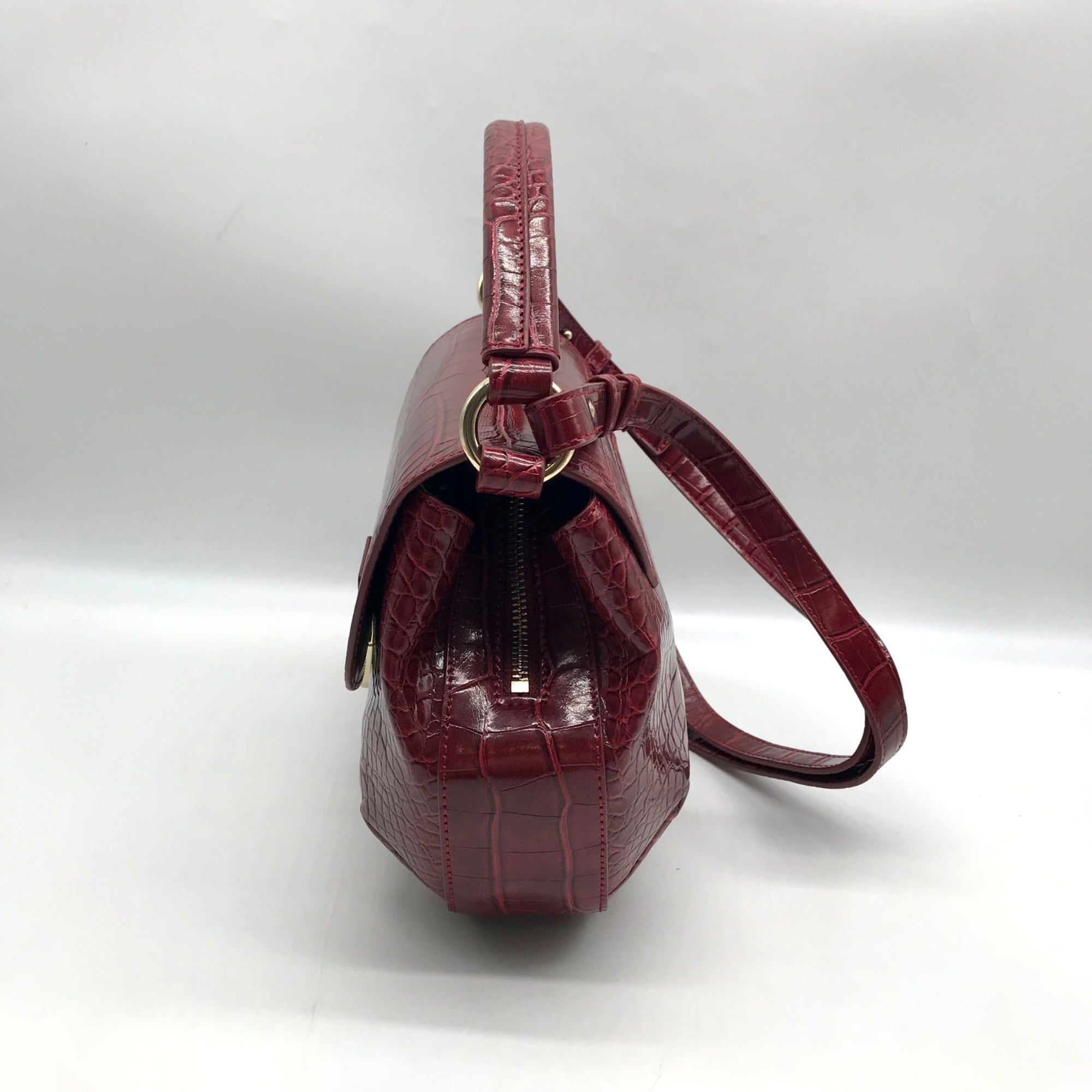 Emporio Armani Burgundy Croc Embossed Leather Crossbody Bag