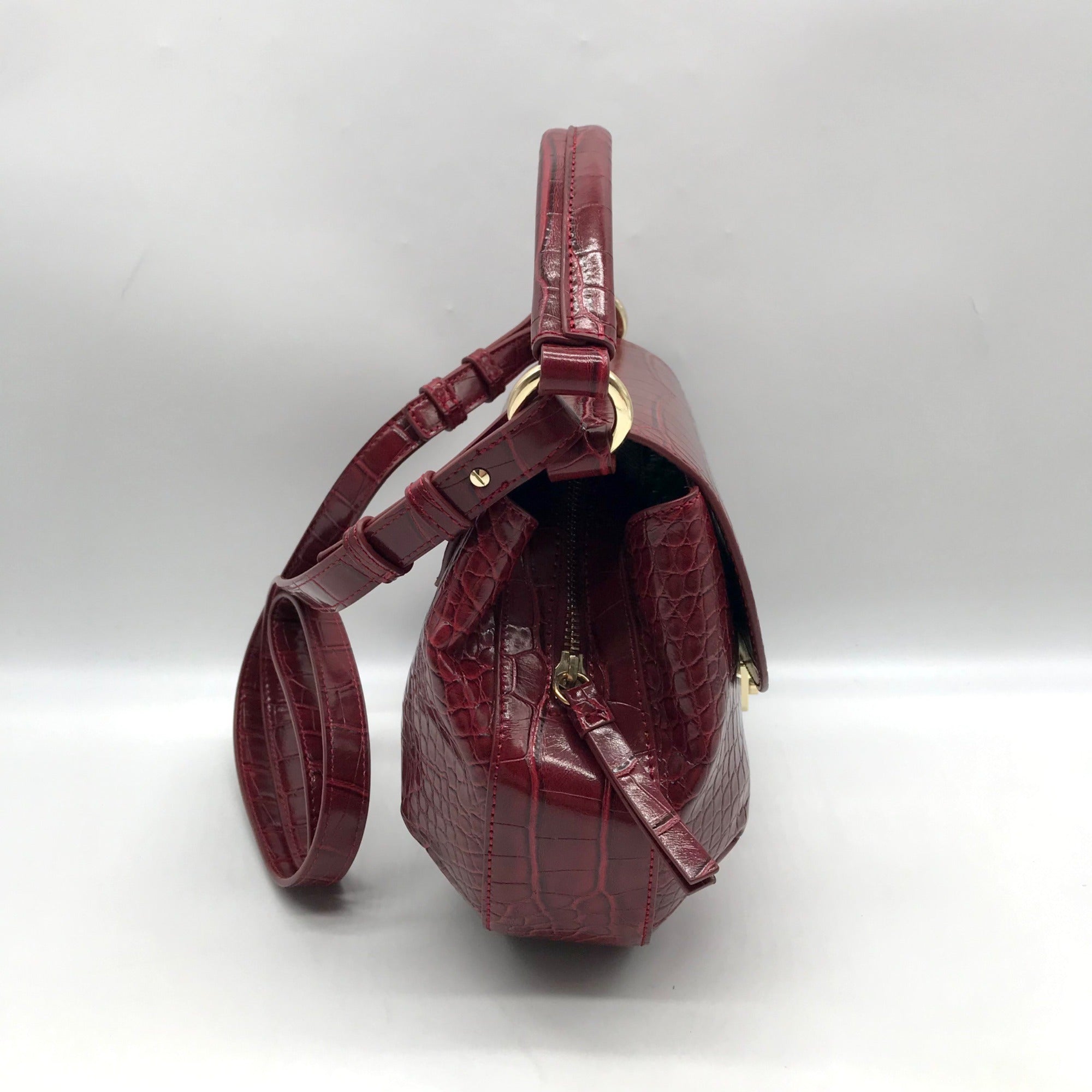 Emporio Armani Burgundy Croc Embossed Leather Crossbody Bag