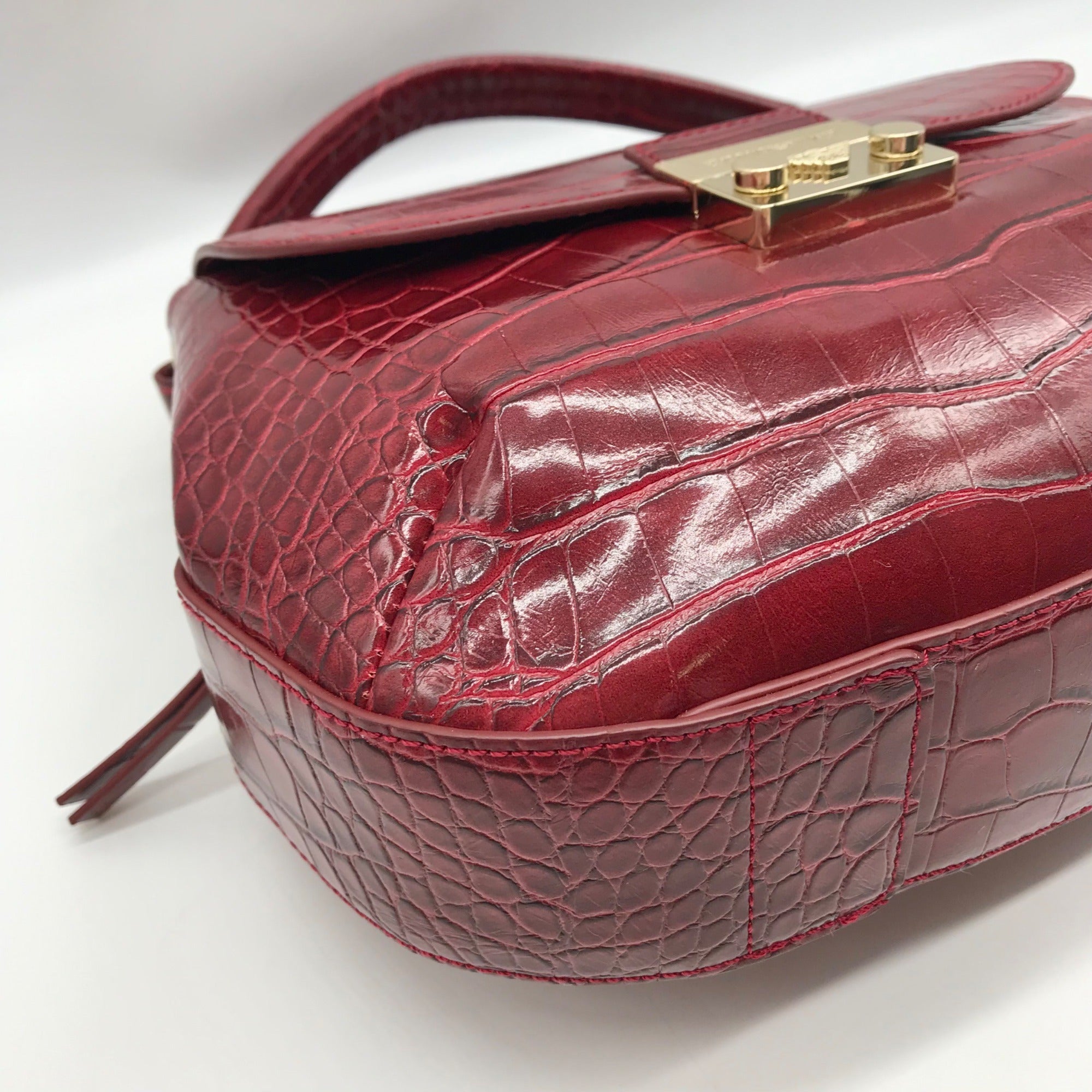 Emporio Armani Burgundy Croc Embossed Leather Crossbody Bag