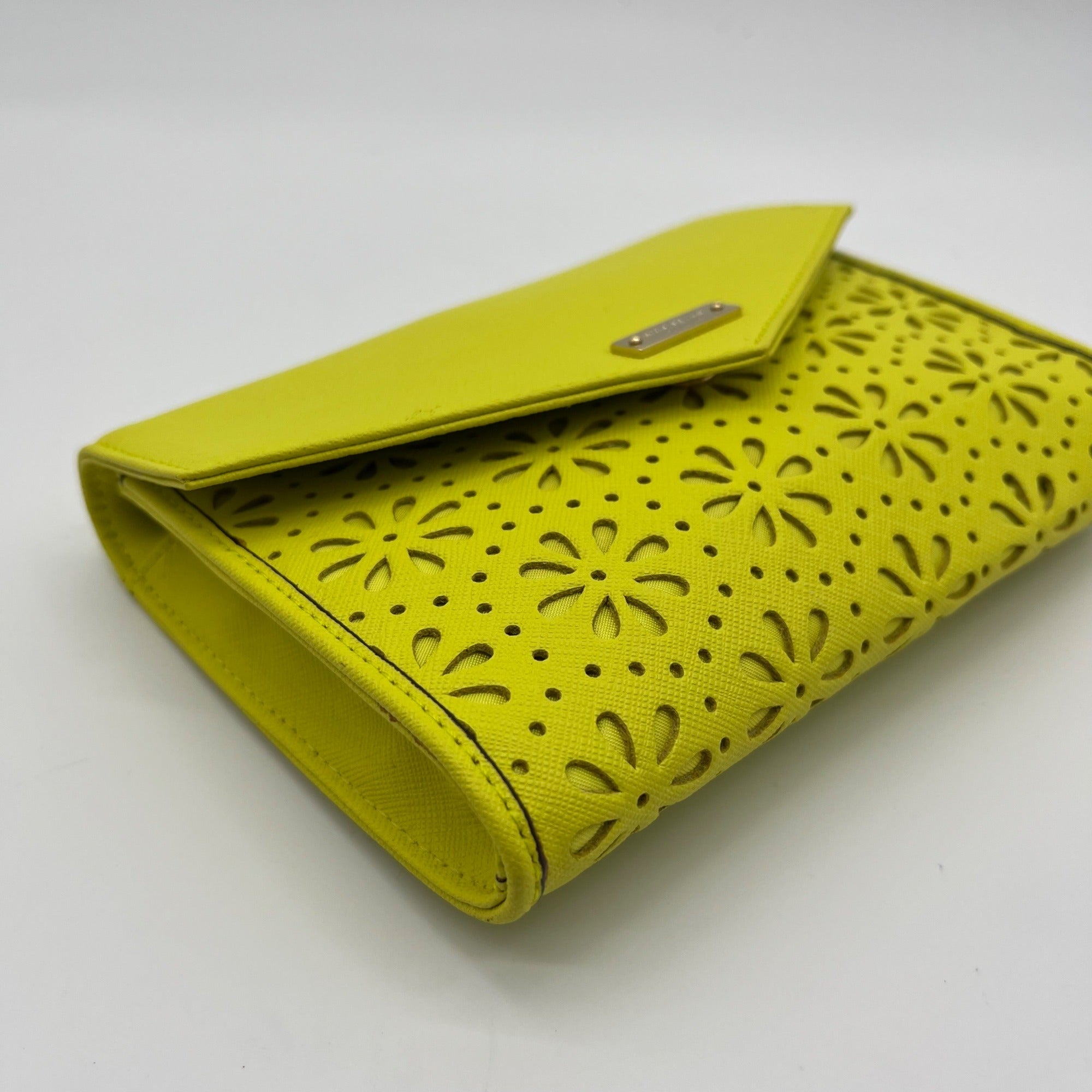 Kate Spade Yellow Saffiano Leather Mini Floral Cutout Envelope Bag
