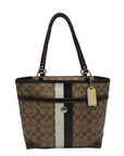 Coach Brown Coated Monogram Canvas Heritage Stripe Tote Bag F14477
