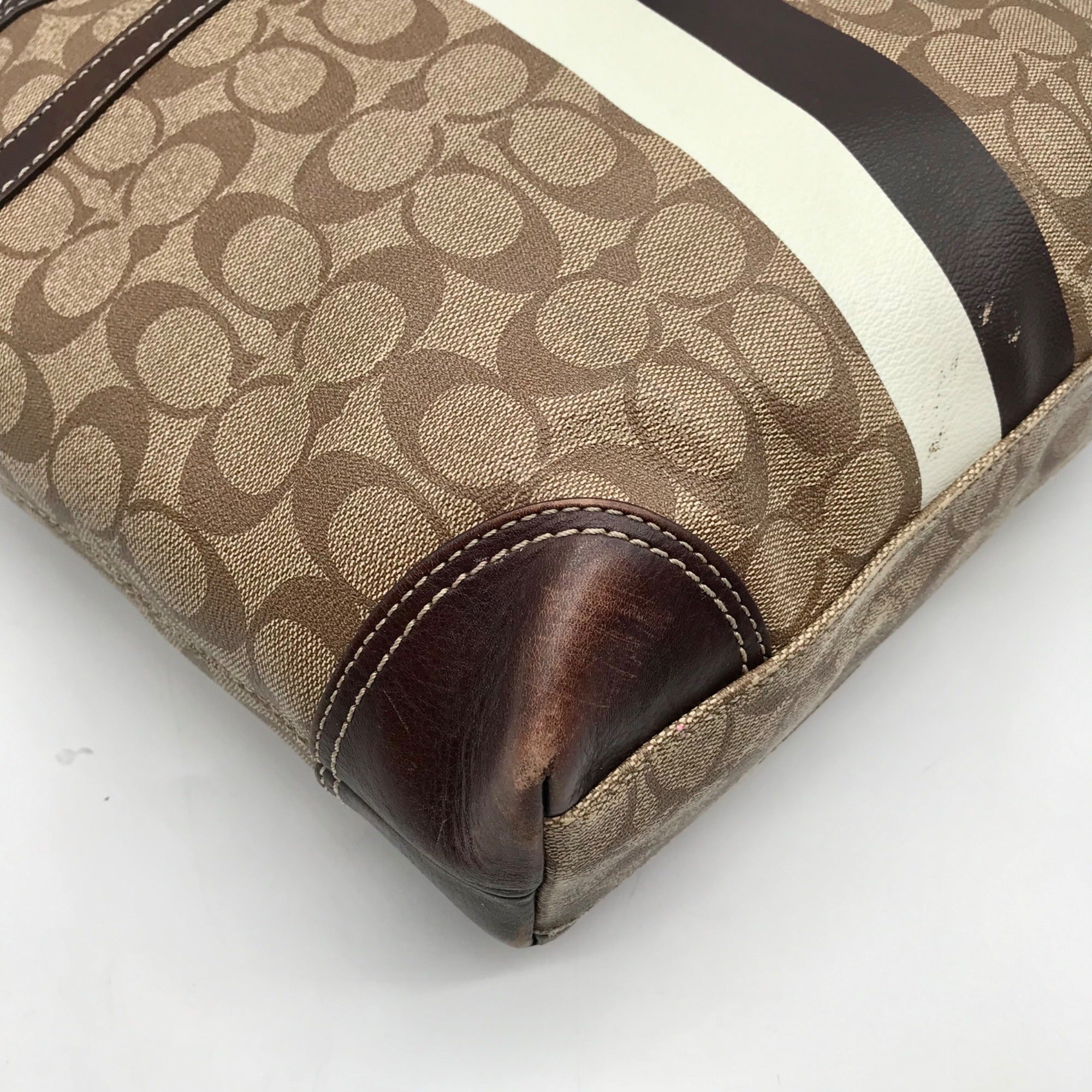Coach Brown Coated Monogram Canvas Heritage Stripe Tote Bag F14477