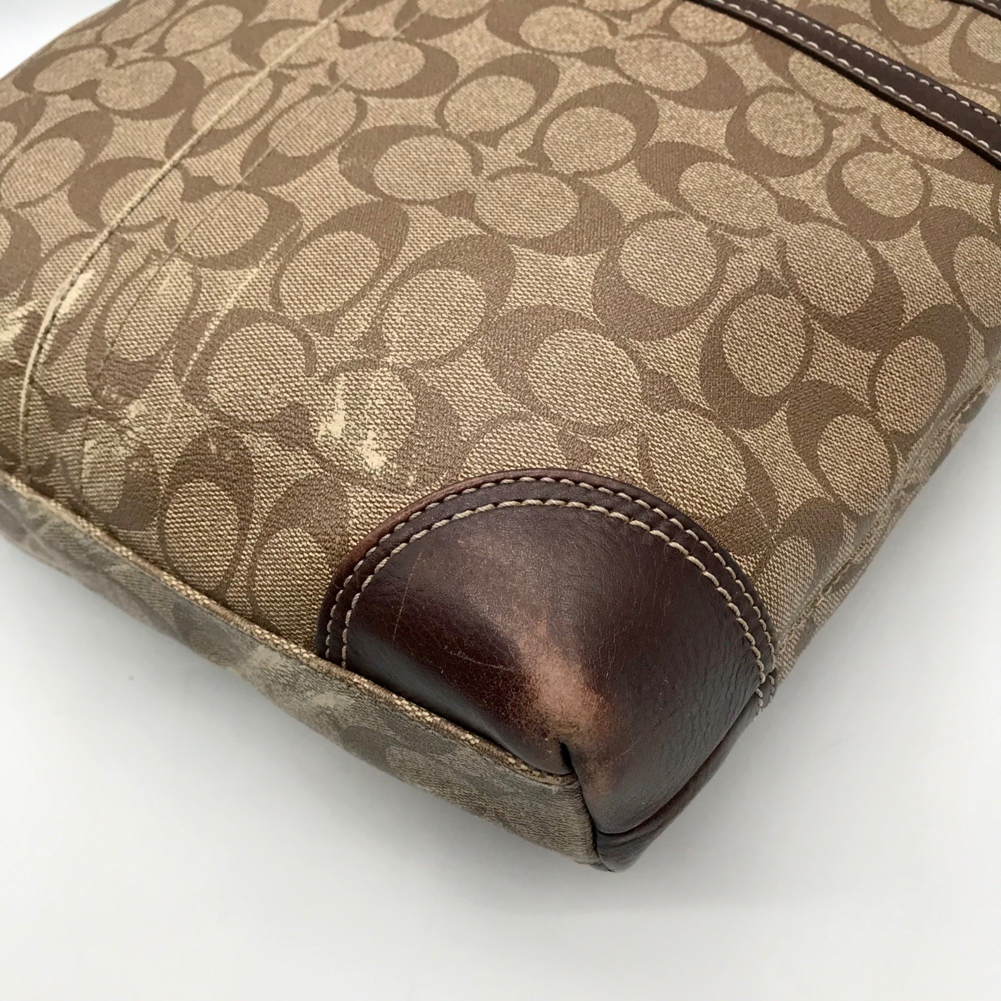 Coach Brown Coated Monogram Canvas Heritage Stripe Tote Bag F14477