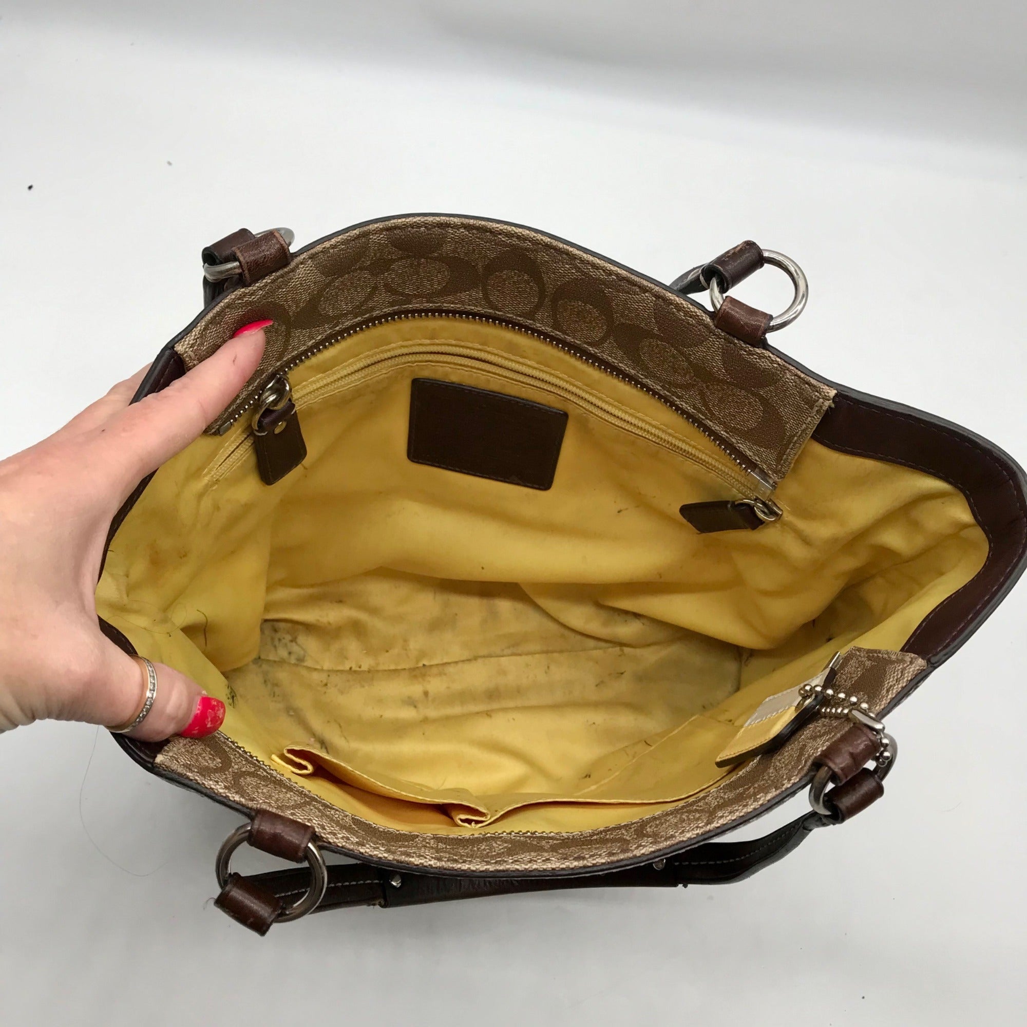 Coach Brown Coated Monogram Canvas Heritage Stripe Tote Bag F14477