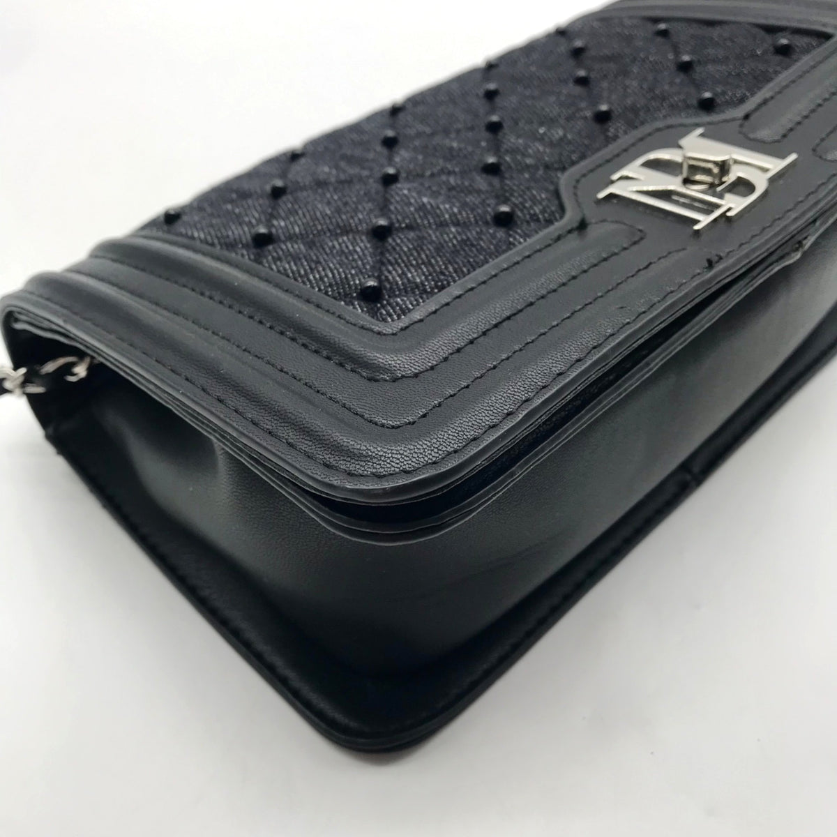Badgley Mischka  Black Beaded Quilted Diamond Faux Leather Crossbody