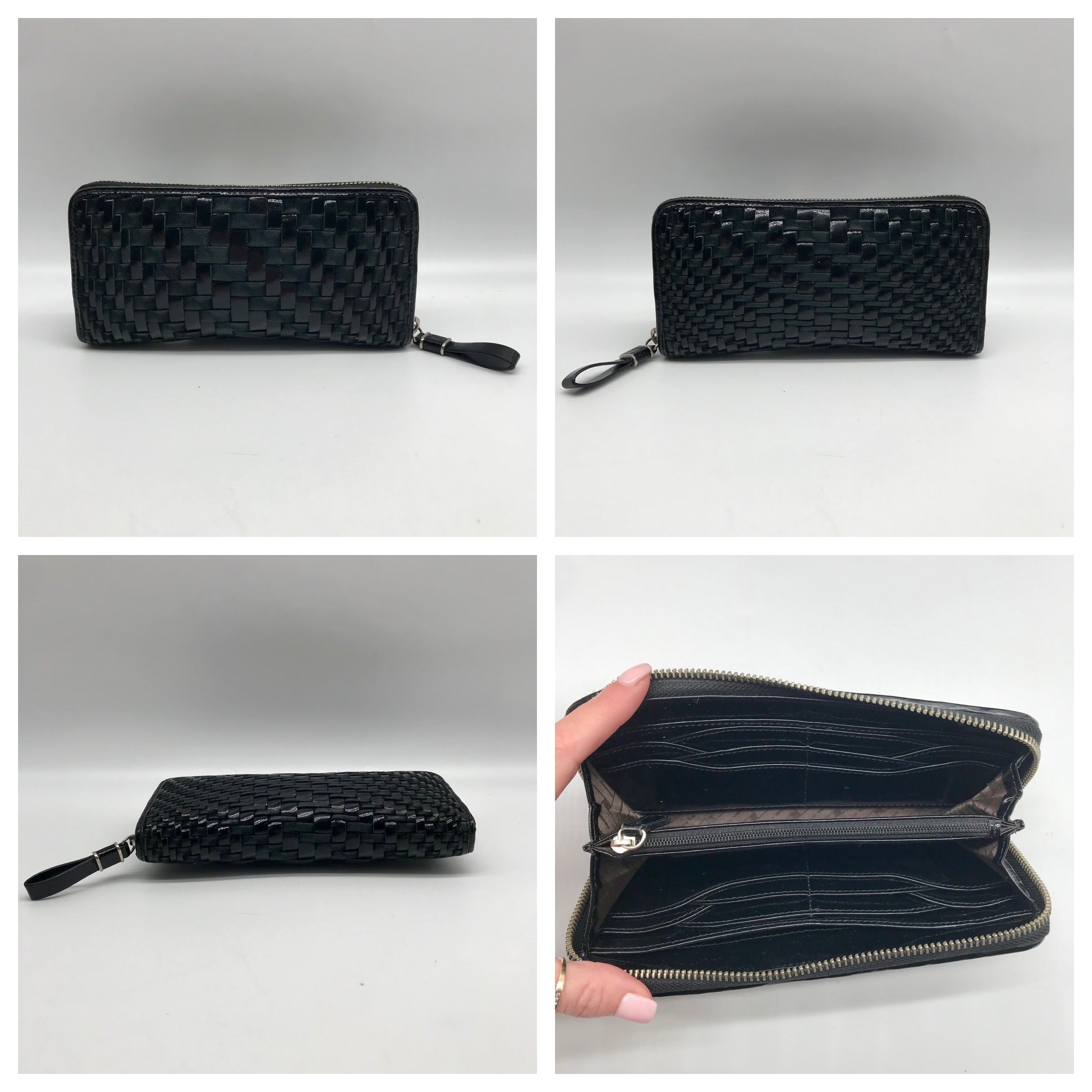 Cole Haan Black Patent Leather Genevieve Woven Triangle Purse &amp; Wallet