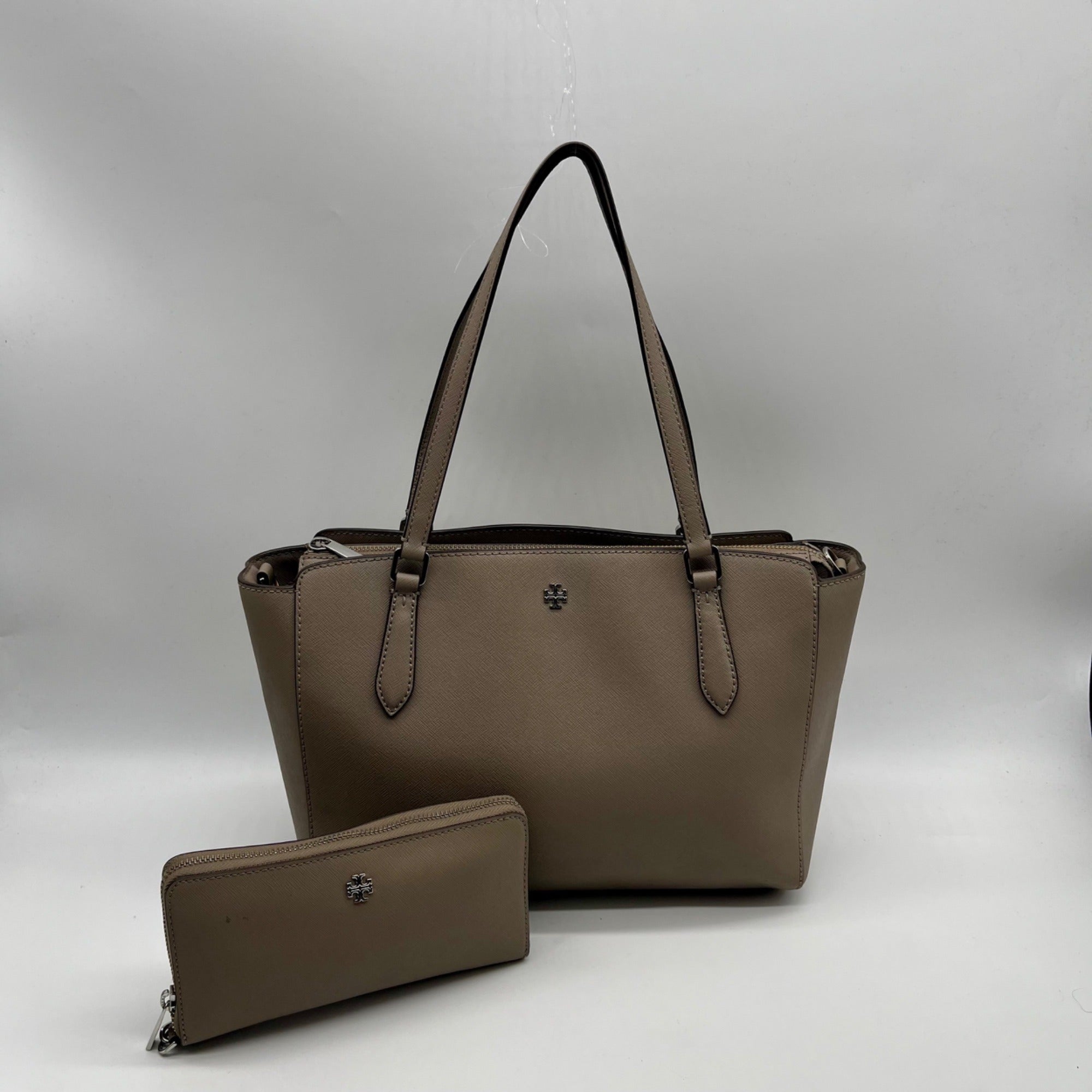 Tory Burch Grey Leather Emerson Small Top Zip Tote Bag