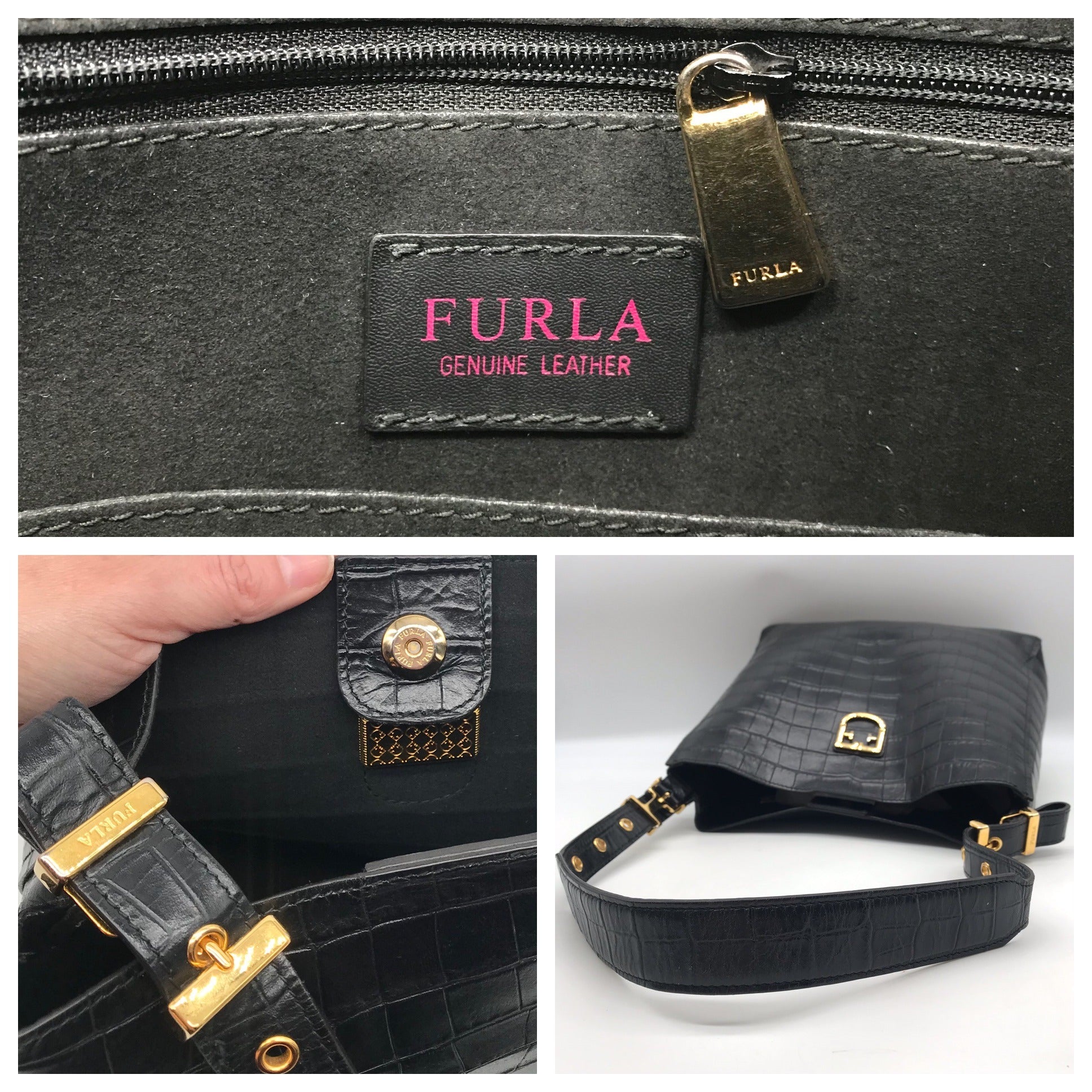 Furla Onyx Croc Embossed Leather Hobo Shoulder Bag