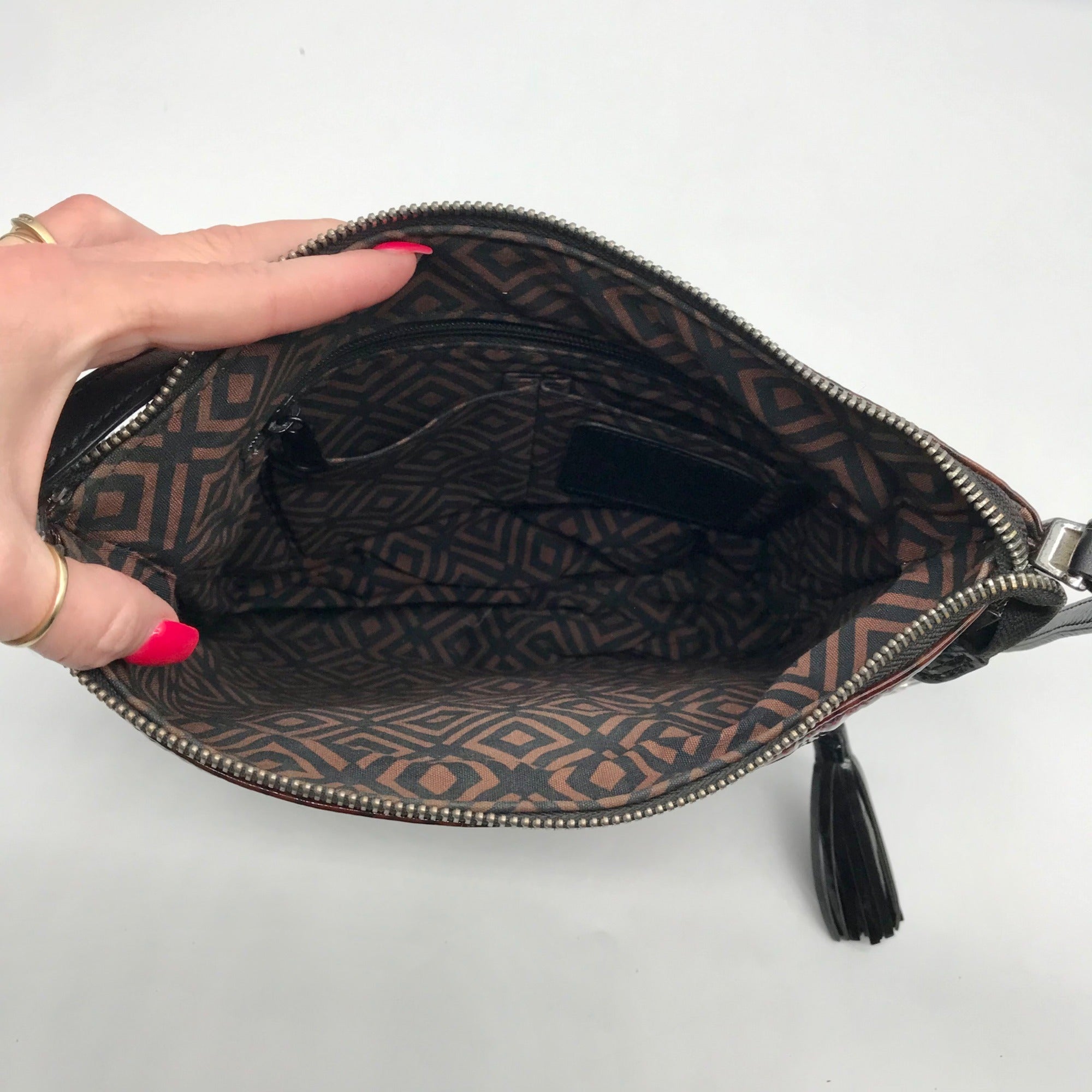 Brighton Brown Patent Leather Medallion Shoulder Bag