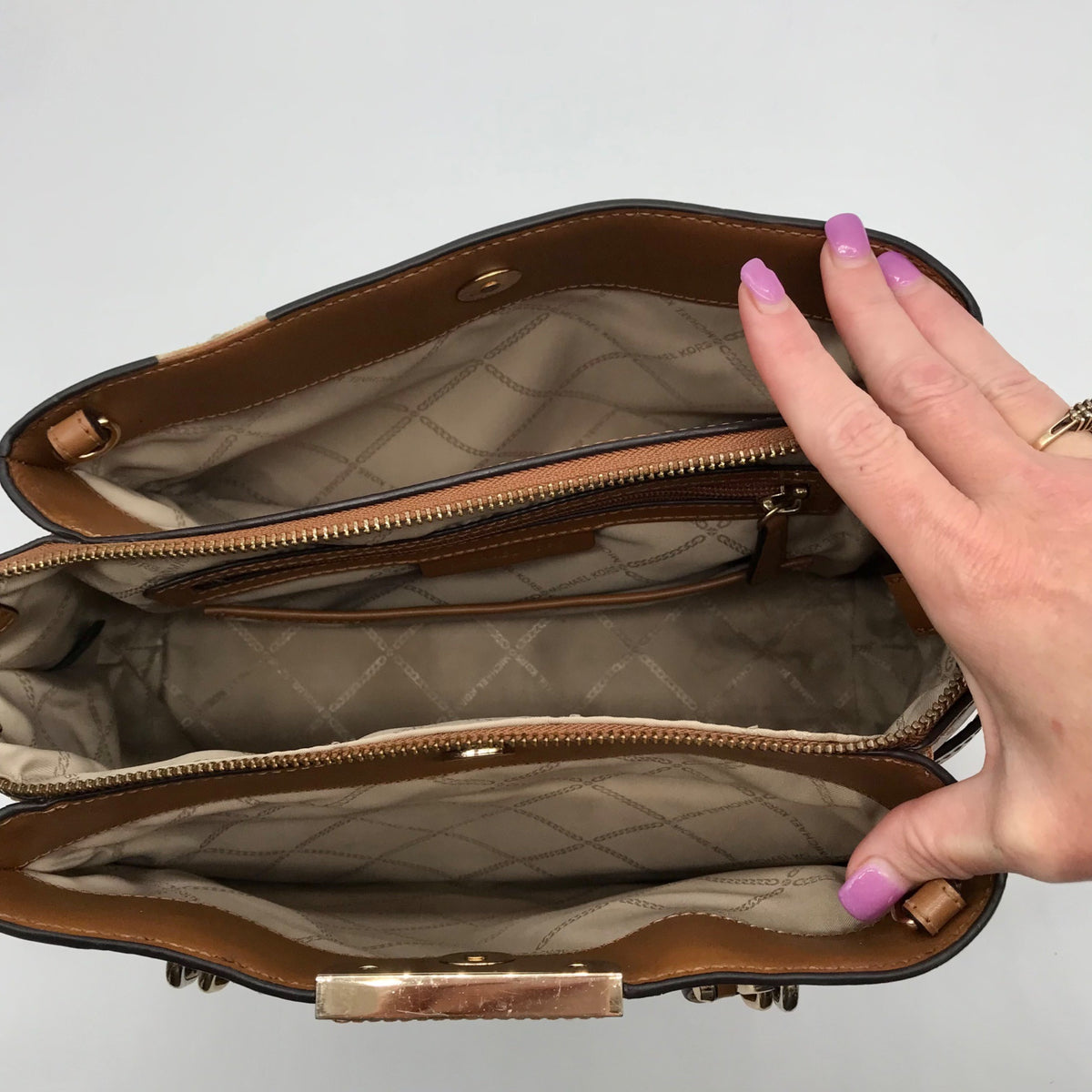 Michael Kors Acorn &amp; Vanilla Coated Canvas Rochelle Satchel Bag
