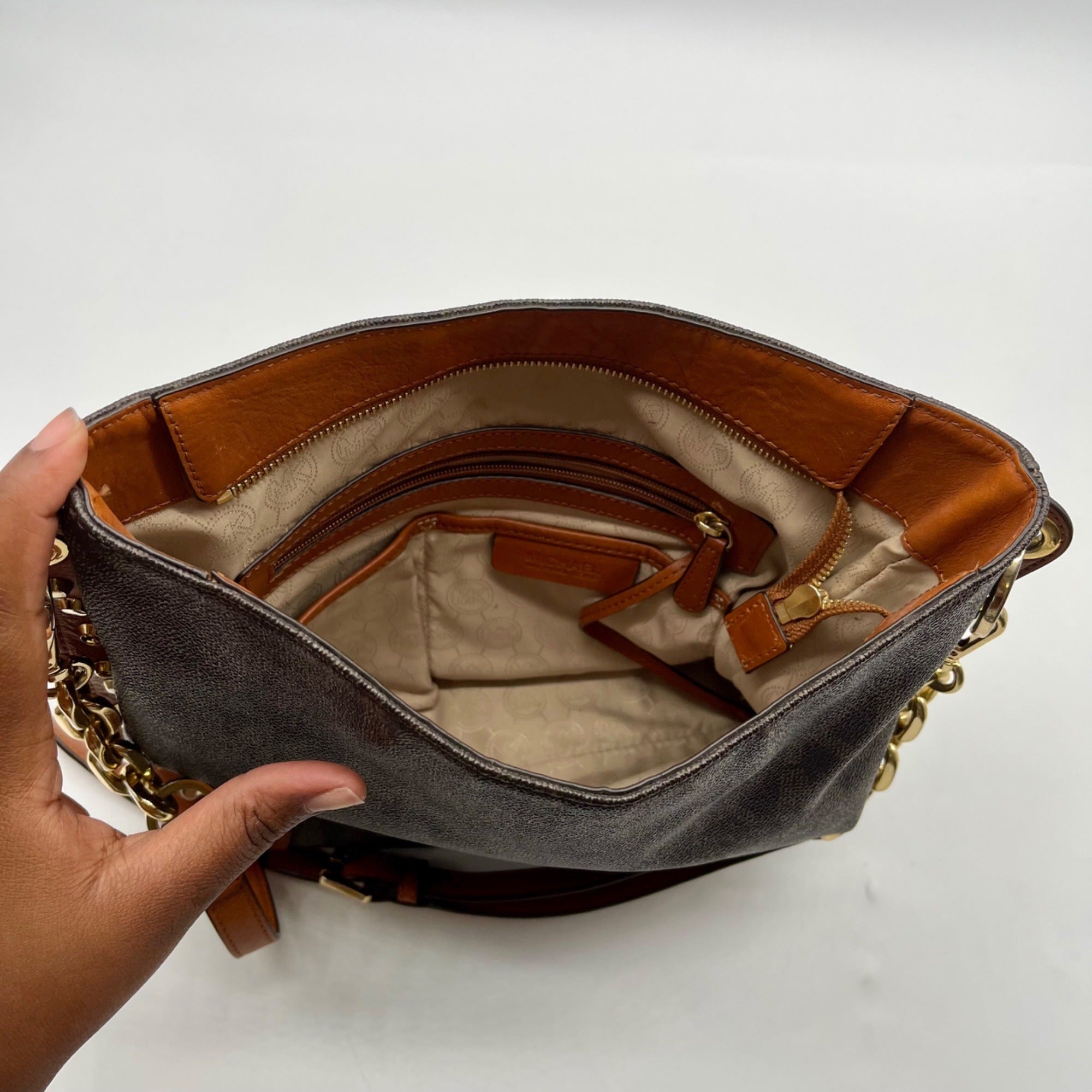 Michael Kors Brown Monogram Print Serena Large Shoulder Bag
