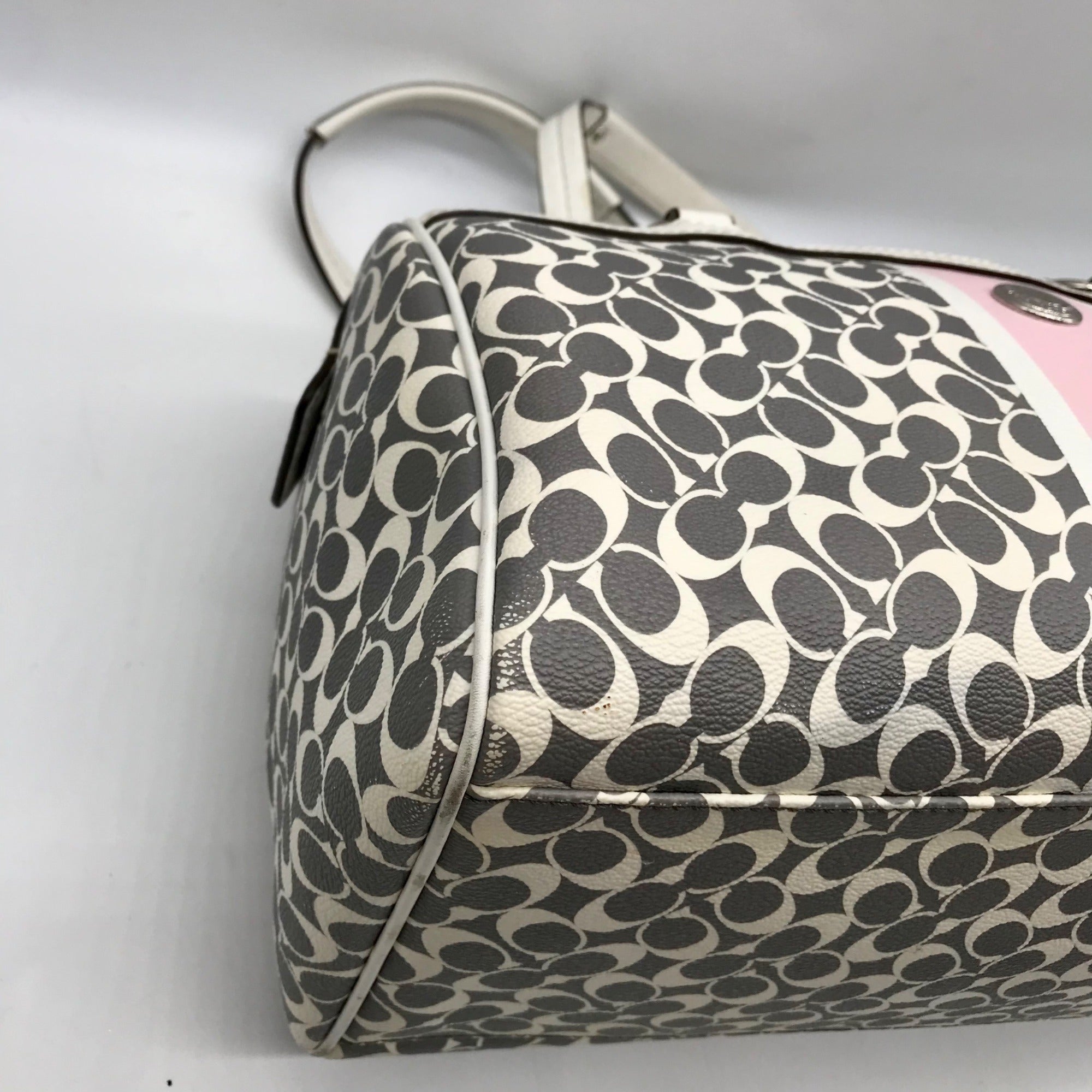 Coach Gray Pebbled Leather Signature Stripe Heritage Satchel Bag F15132