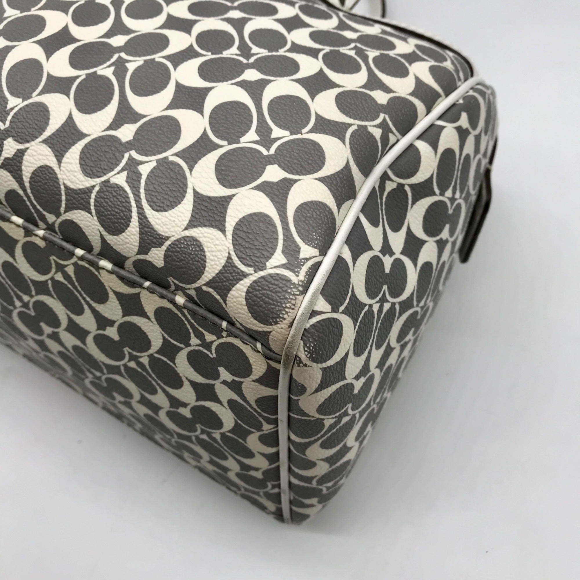 Coach Gray Pebbled Leather Signature Stripe Heritage Satchel Bag F15132