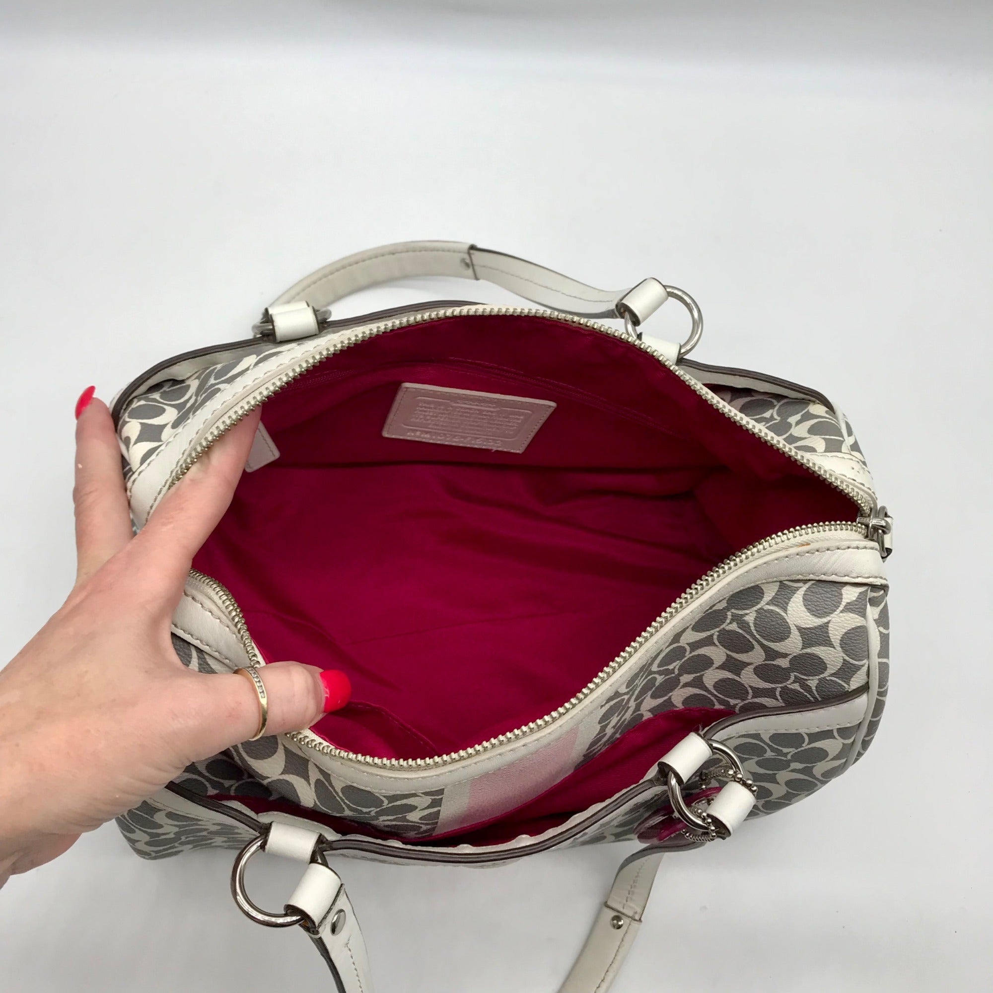 Coach Gray Pebbled Leather Signature Stripe Heritage Satchel Bag F15132