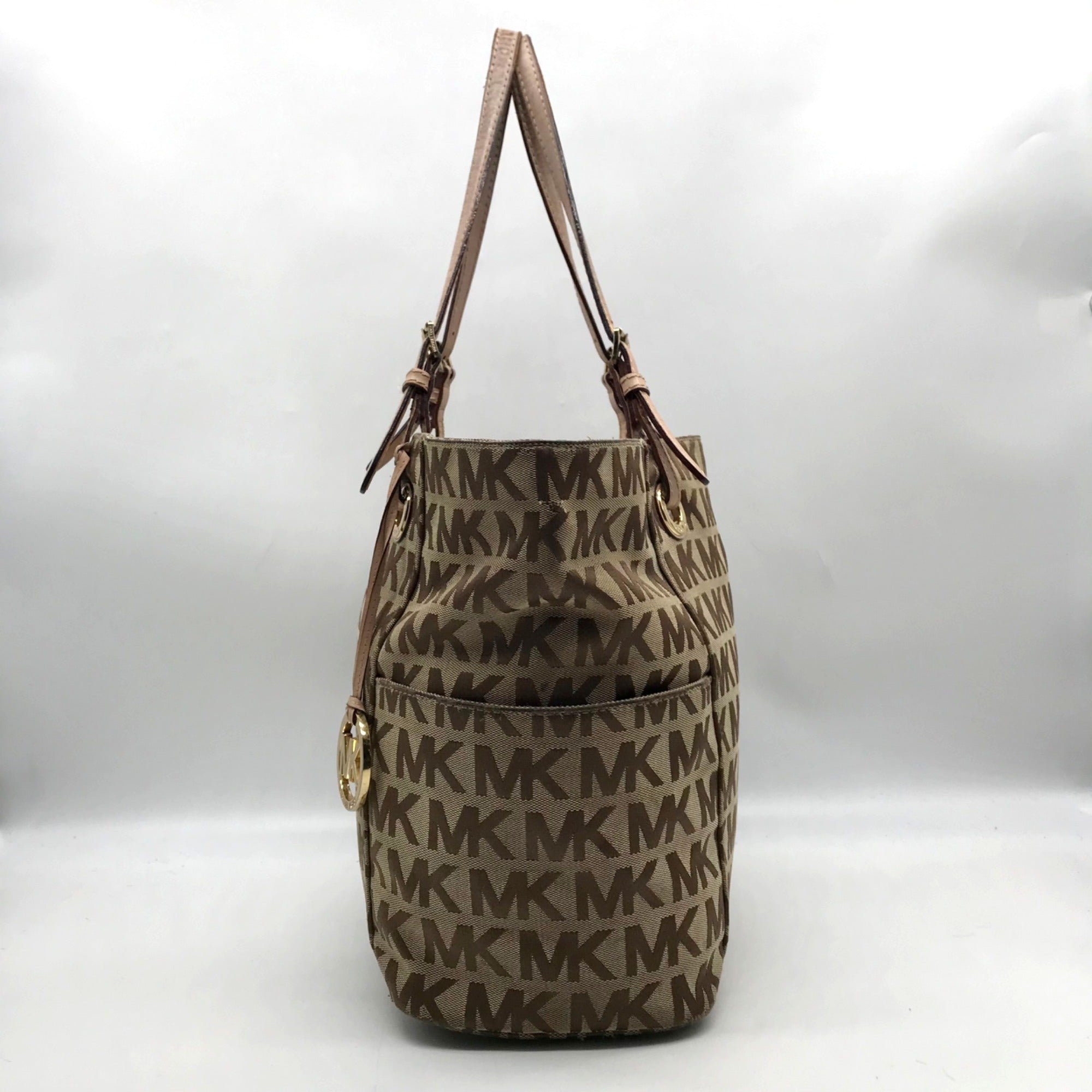 Michael Kors Brown &amp; Khaki Monogram Canvas Jet Set Logo Tote Bag
