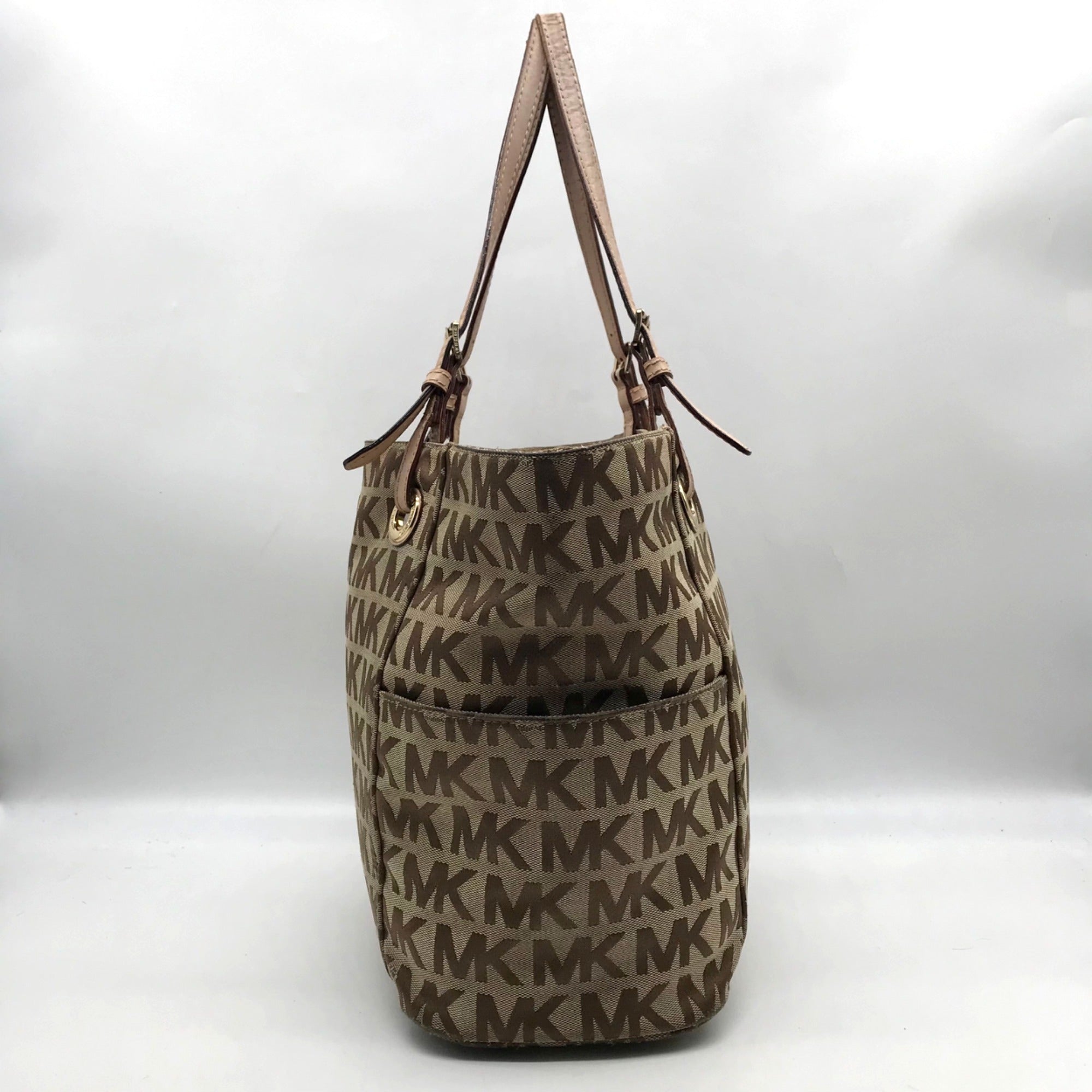 Michael Kors Brown &amp; Khaki Monogram Canvas Jet Set Logo Tote Bag