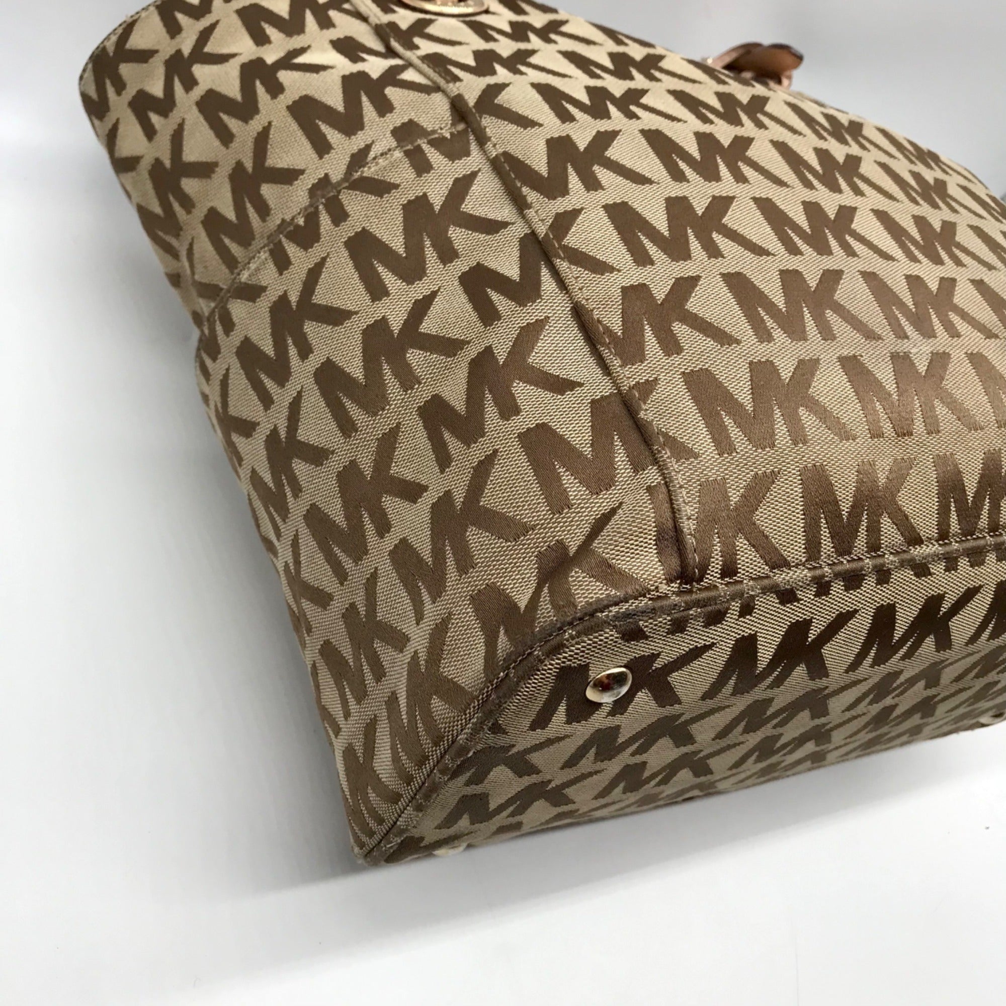 Michael Kors Brown &amp; Khaki Monogram Canvas Jet Set Logo Tote Bag