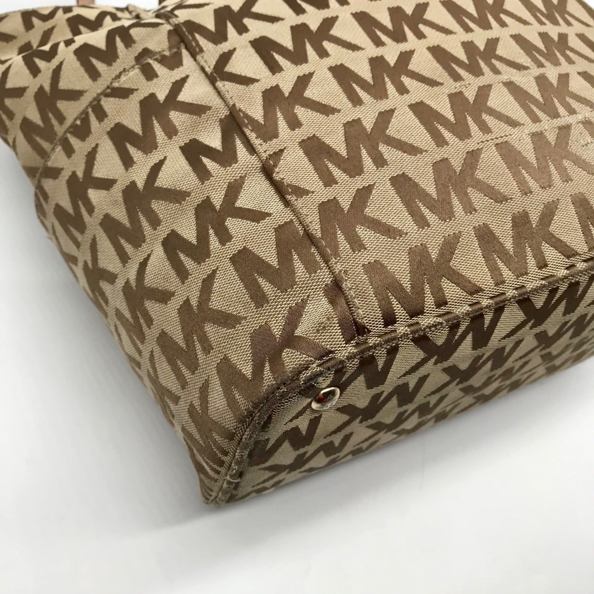 Michael Kors Brown &amp; Khaki Monogram Canvas Jet Set Logo Tote Bag