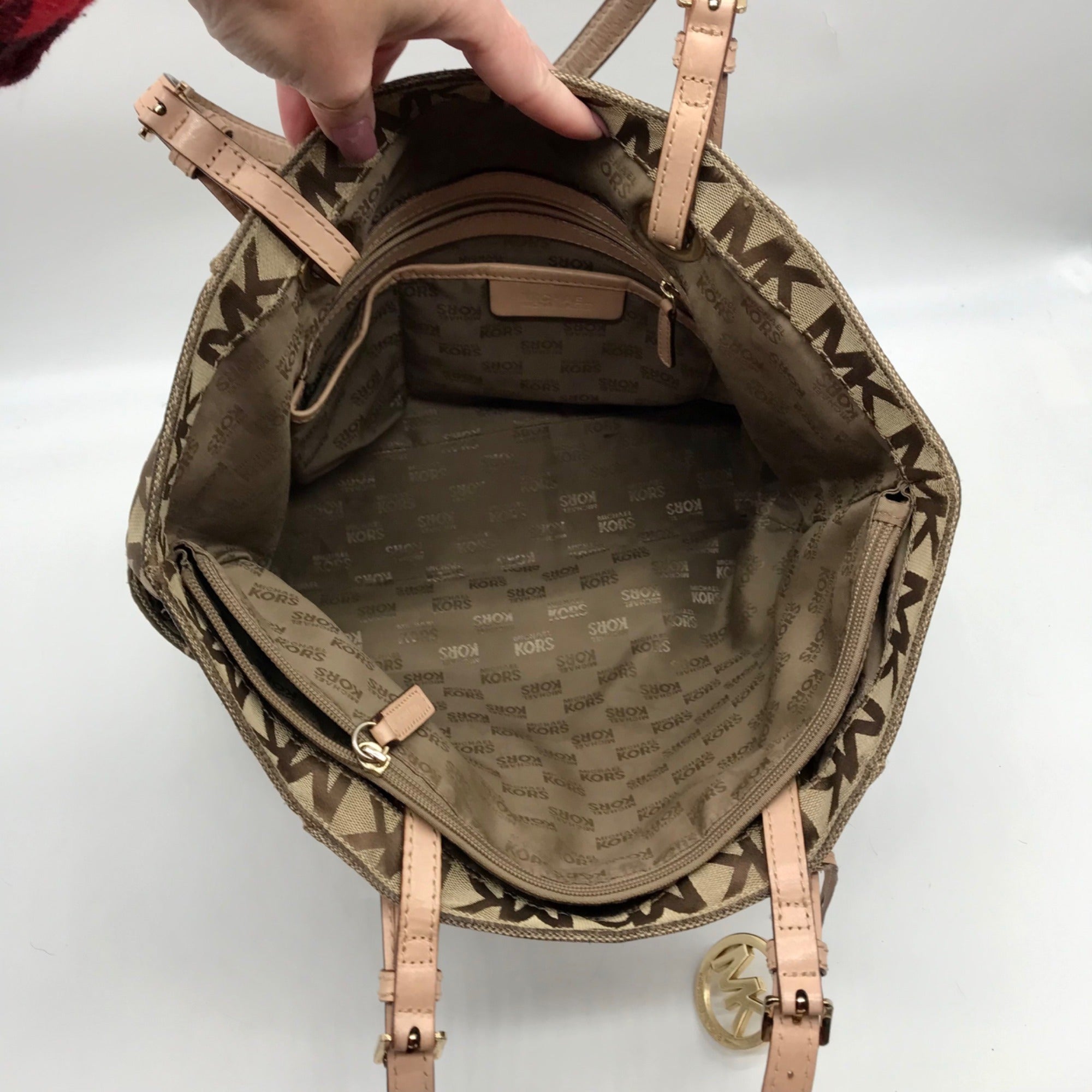 Michael Kors Brown &amp; Khaki Monogram Canvas Jet Set Logo Tote Bag